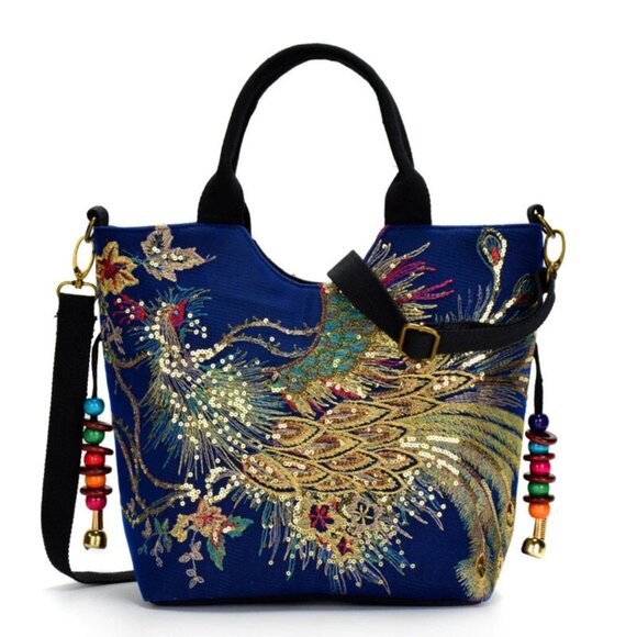 Ethnic Statement Festival Bag Embroidered Sequin Phoenix Bird Women's Handbag - Picture 1 of 9